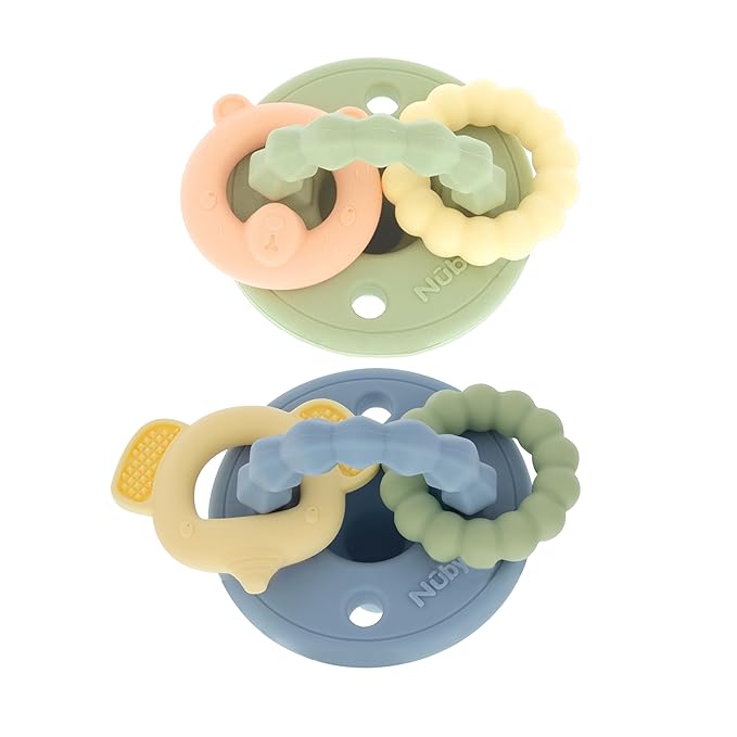 Nuby Charms Silicone Infant Pacifier and Teether Toy - 2 Pack - 0+ Months - Green and Blue