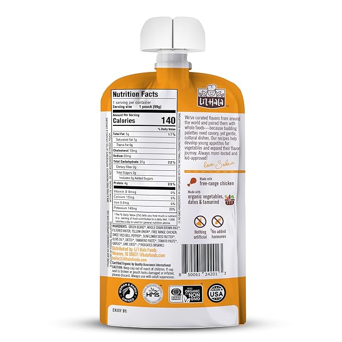 Li’l Hala Chicken Pad Thai Baby Food Pouches – Free-Range Chicken & Organic Veggies – Toddler Meals with Meat – Protein & Healthy Fats Puree – No Hormones – 6+ Months – 3.5 oz (12 Pack)