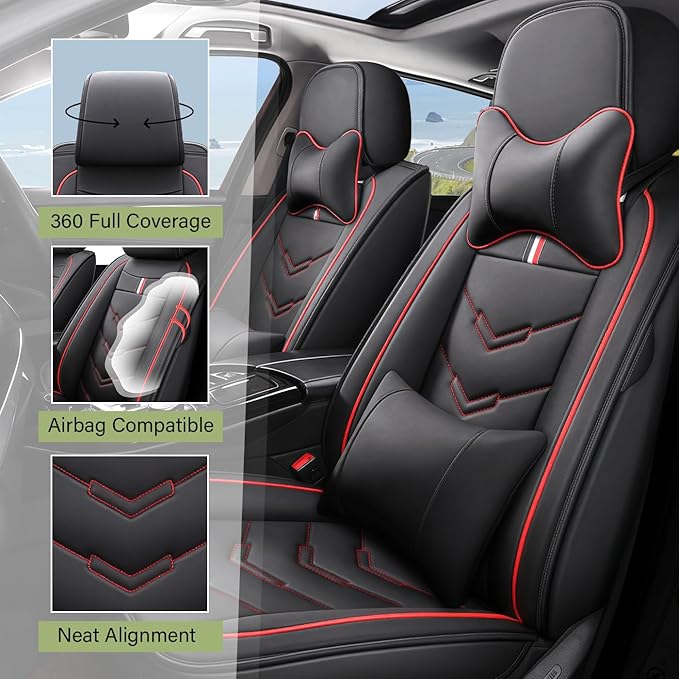 Leather Car Seat Covers Fit for LR LR4 2009-2016, 5 Seater Waterproof and Wear-Resistant Seat Cover Interior Accessories(Full Set with Pillow,Black&Red)