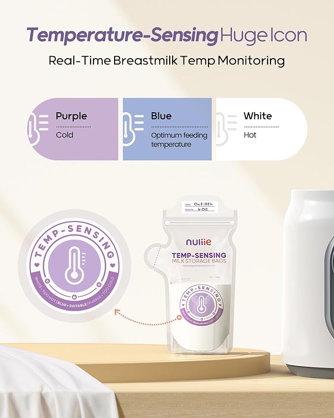Nuliie 60pcs Temp-Sensing Breastmilk Storage Bag, Huge Temp-Sensing Icon & Locking Clamp, 6oz Breast Milk Storage Bags Freezer Pour Spout, Self Standing Milk Storage Bags Breastmilk, BPA-Free No-Leak