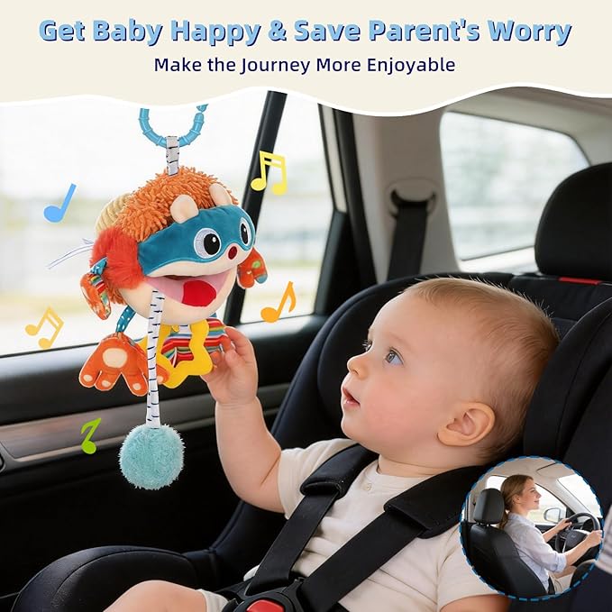 Baby Car Seat Toys Hanging - Sensory Ball Travel Toys for 6 7 8 9 10 11 12 Monthes with Rattle, Teether, Squeaky, Crinkle,Textures, Soft Montessori Plush Toys Newborn Gift Boys Girls Infant Roadtrip