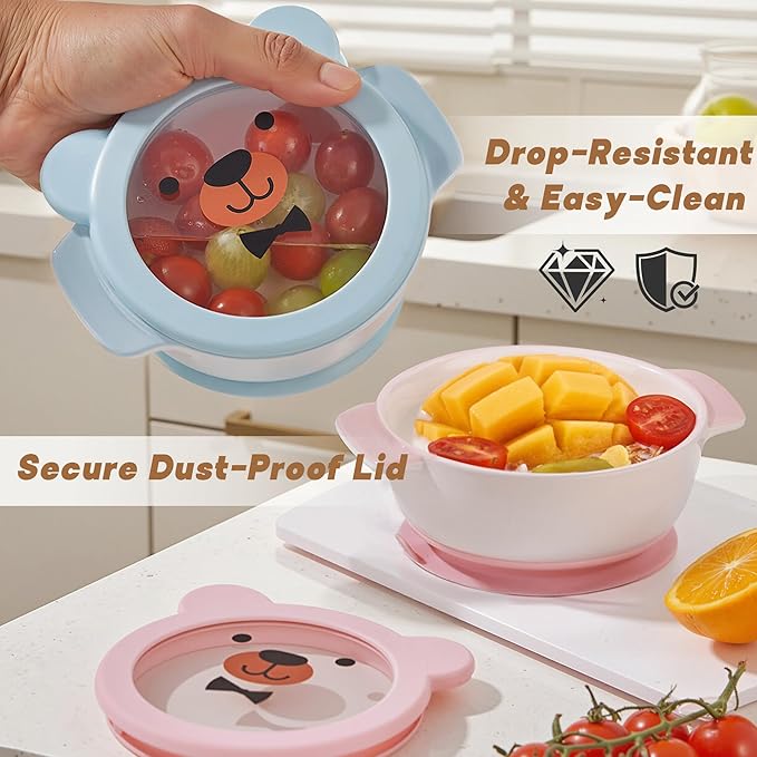 Ceramic Suction Bowl for Babies and Toddlers, Non-Slip Silicone Suction Cup, BPA-Free Lids, Independent feeding, First Stage Self Feeding Essential, Baby-Led Weaning Snack Feeder