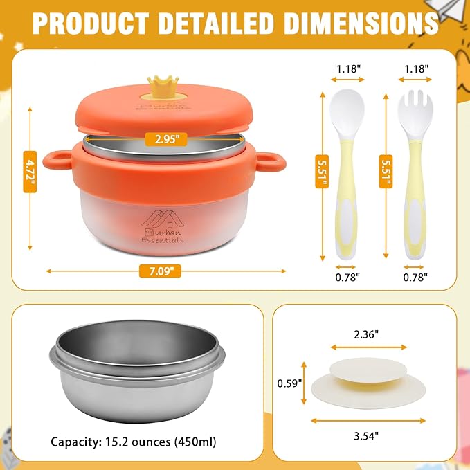 Baby Bowl with Suction, BPA-Free, Premium Food Grade 304 Stainless Steel, Thermo-Color Changing, Foldable Spoon & Fork, Non-Slip Handles for Babies, Toddlers, Kids (Orange)