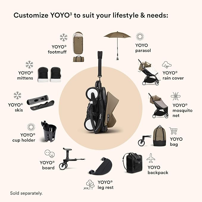 Stokke YOYO3 Stroller from 6 Months - Includes Black Frame/Toffee Seat Cushion + Canopy - Folds in & Out in a Flash - Light & Compact - Carry-On Compatible