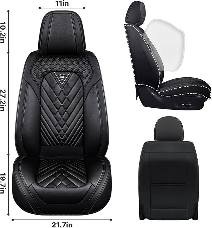Car Seat Cover Full Set, Waterproof Leather Seat Cover,Front Auto Seat Cover, Breathable Car Seat Cushion, Full Coverage Car Seat Protector Universal Fit Most Cars (2 Seat,Black)