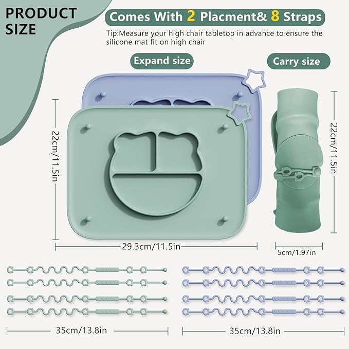 2 Pack Silicone Baby Placemats with Non-Slip Strong Suction Base and Anti-Drop 8 Stretchable Straps, BPA Free Food Grade Silicone Table Mats for Babies Toddlers, High Chair, Dining Tables,Beige+Pink