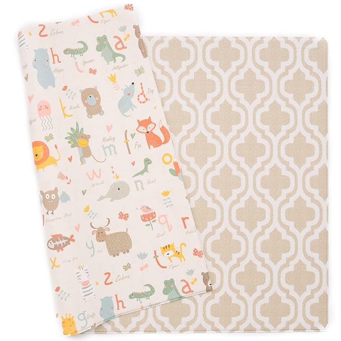 Baby Care Play Mat (Medium, Moroccan - Beige) 73’’ x 49’’ Original One-Piece Reversible Rollable Waterproof Baby Mat for Floor, Play Mat for Babies 6-12 Months, Infants, Toddlers, and Kids
