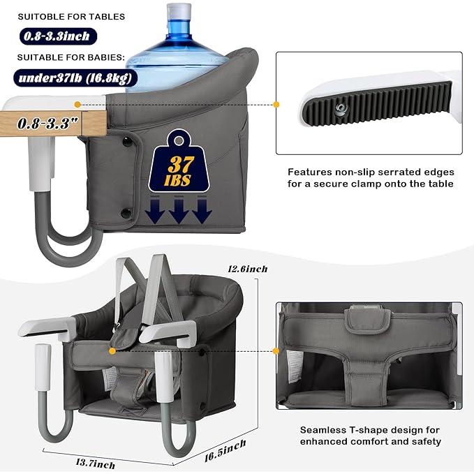 Hook On High Chair Portable & Foldable for Babies 6-36 Months Attach to Fast Table Clip On High Chair with Travel Bag - Compact Baby Feeding Seat for Home Dining & Travel (Grey)
