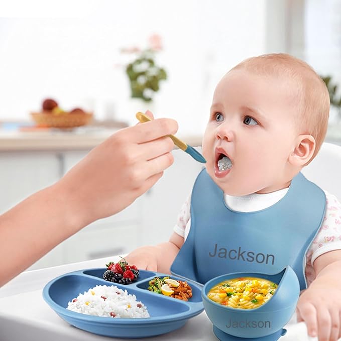 Personalized Silicone Baby Feeding Set with Name, Customized Baby Led Weaning Supplies Self Feeding Eating Utensils with Spoon, Fork, Silicone Suction Bowls, Cup, Plate Dusty Blue