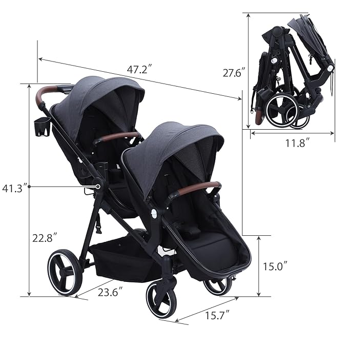 Tandem Double Stroller Newborn and Toddler, Foldable Twin Stroller with Reversible Seat, 5-Point Safety Harness, Adjustable Backrest & Canopy, Storage Basket, Dark Grey