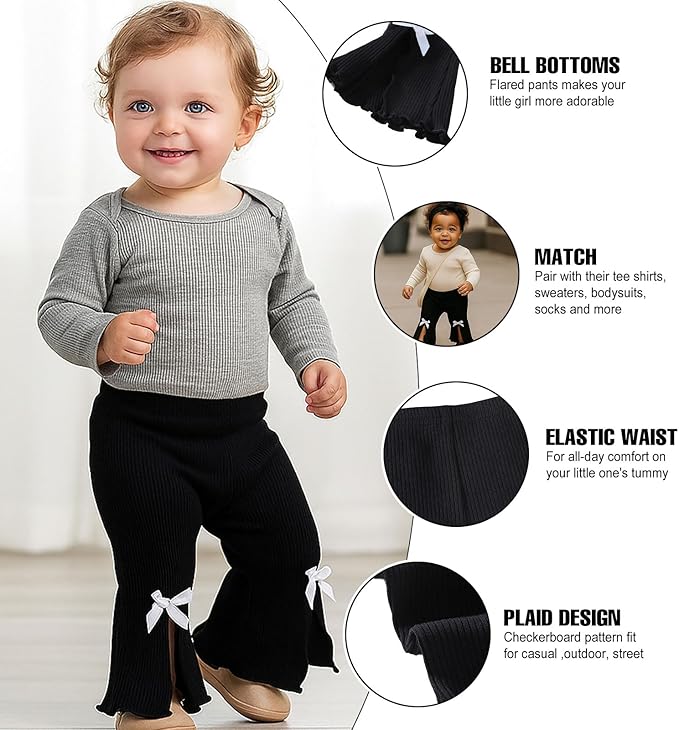 SOBOWO Baby Girl Flare Pants 3 Pack Toddler Solid Ribbed Ruffle Bell Bottoms Pants Trousers Fall Outfits