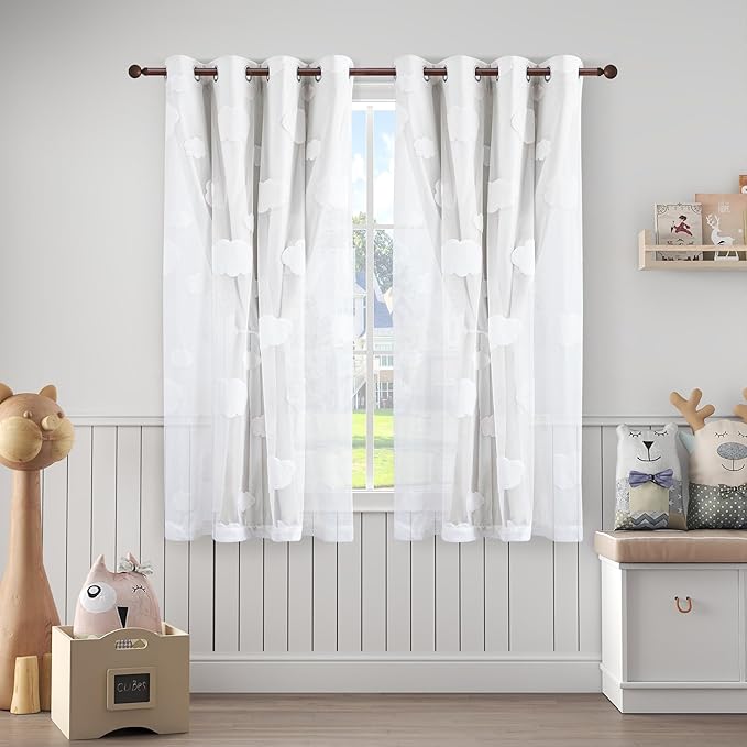 White Room Darkening Curtains for Bedroom 63 Inches Long Double Layer Kids Curtains with White Cloud Pattern Sheer Grommet Nursery Drapes 2 Panels Set, W52 x L63