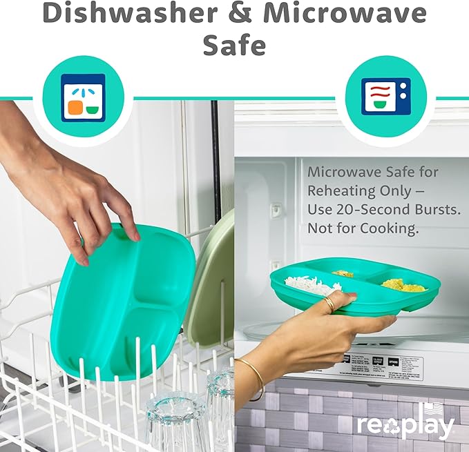 Re-Play Toddler Plates with Dividers - Deep-Walled 3 Compartments Divided Plates for Kids - Dishwasher & Microwave Safe - Made in USA - Set of 4-7.37" x 7.37" x 1.25" - Aqua