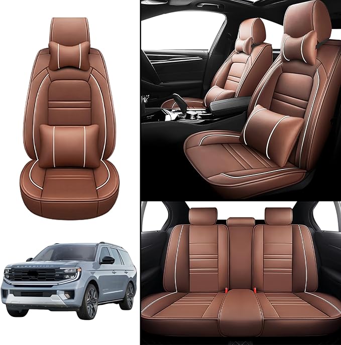 Car Seat Covers for Ford Expedition 1997-2025 | 5-Seats Seat Covers, Waterproof Seat Protectors, Automotive Seat Covers (Full Set with Pillow,Coffee)