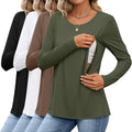 4 Pack Women's Cotton Nursing Tops, Breastfeeding Maternity with Hidden Zippers Crew Neck Long Sleeve Pregnancy Shirts