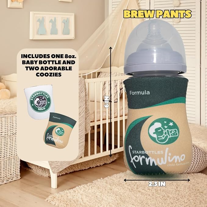 Coffee Themed Coozies for Baby Bottles - Funny Gift for New Parents & Baby Showers - (2 Premium Designed Neoprene Coozies + BPA/Lead/Phthalate Free Bottle Included) (Design 2)