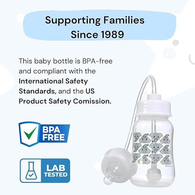 Hands-Free Baby Bottle - Anti-Colic Nursing System 4 oz Baby Bottle with Fast Flow Nipple/Teat 3m+ Infant with Tube Straw Feeding System for Toddler (2 Bottles - Elephant)
