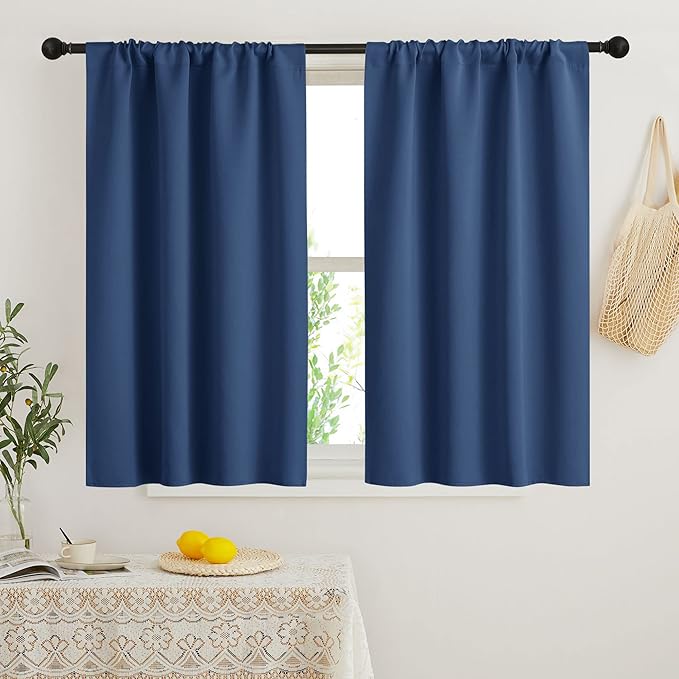 RYB HOME Short Blackout Curtains for Bedroom, Room Darkening Insulated Summer Heat Light UV Blocking Energy Saving Drapes for Nursery, Width 34 by Length 48, Navy Blue, Set of 2