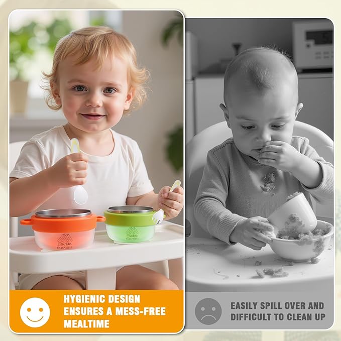 Baby Bowl with Suction, BPA-Free, Premium Food Grade 304 Stainless Steel, Thermo-Color Changing, Foldable Spoon & Fork, Non-Slip Handles for Babies, Toddlers, Kids (Orange)
