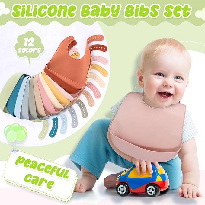 Tioncy 24 Pcs Silicone Bibs for Babies Toddlers Waterproof Adjustable Soft Durable Feeding Baby Bibs Gifts with Food Catcher for Kindergarten Nursery Preschool Children