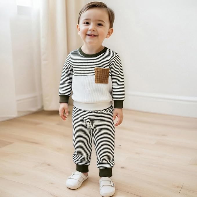 Toddler Baby Boy Fall Clothes Waffle Outfit Long Sleeve Color Blocking Sweatshirt Pullover Jogger Pant Set