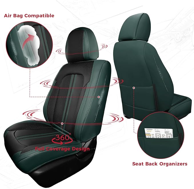 FREESOO Front Seats 2PCS Leather Car Seat Covers, Ultra Breathable Waterproof Seat Covers for Cars Trucks SUV, Carseat Protector Car Seat Cover Fit for Most Vehicles, Black Green