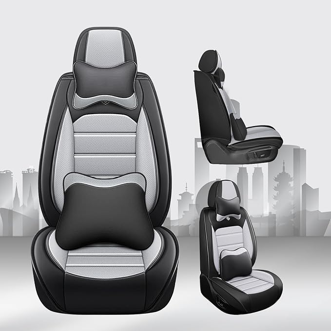 JOJ Fit for Toyota Highlander 2001-2022 Seat Covers,7 Seat Car Seat Cover,No-Slip Waterproof Breathable Faux Leather Automotive Seat Covers Auto Interior Covers,Full Set with Pillow,Black Gray