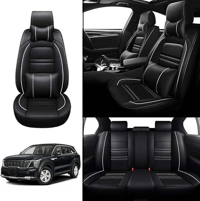 Car Seat Covers for kia Sorento 2003-2025 | 5-Seats Seat Covers, Waterproof Seat Protectors, Automotive Seat Covers (Full Set with Pillow,Black&White Line)