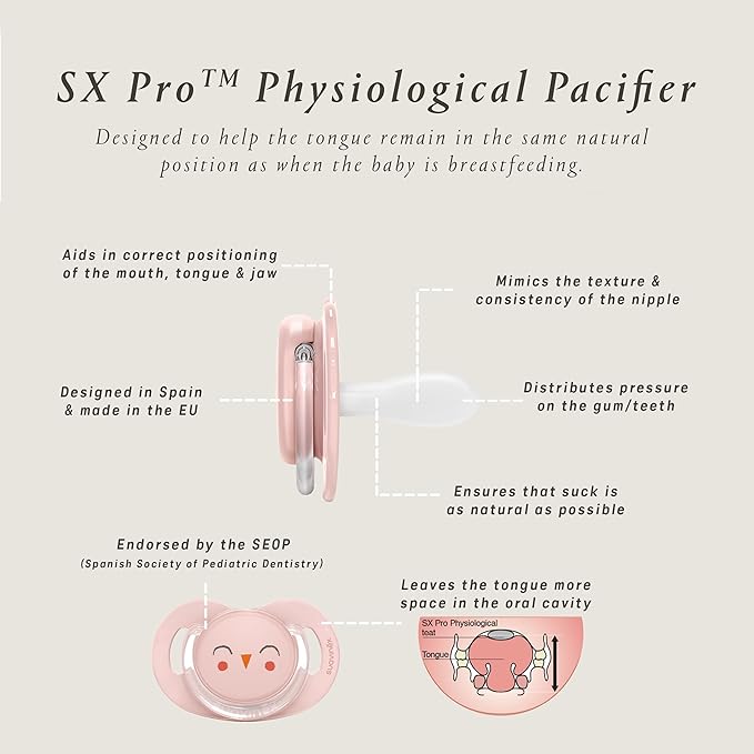 Suavinex Bonhomia SX PRO Physiological Pacifier, Supports Breastfeeding Babies, Pacifiers 0-6 Months, 2 Pack Baby Pacifier, Baby Accessories, (Pink/Beige)