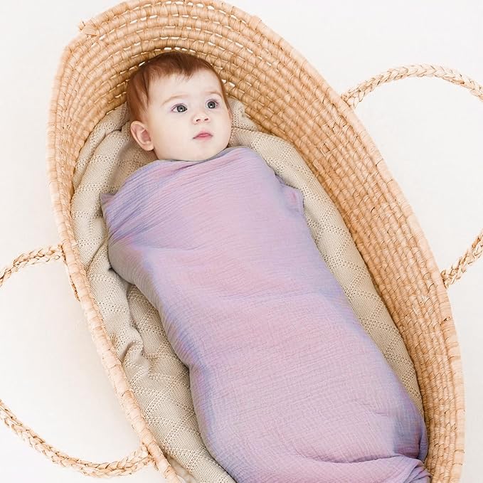 Muslin Swaddle Blankets for Newborns, 2 Pack Large 40 x 40 Inches, 100% Cotton Receiving Blankets, Soft and Breathable Baby Swaddles, Baby Essentials for Girls, Shower Gift, Pink and Purple