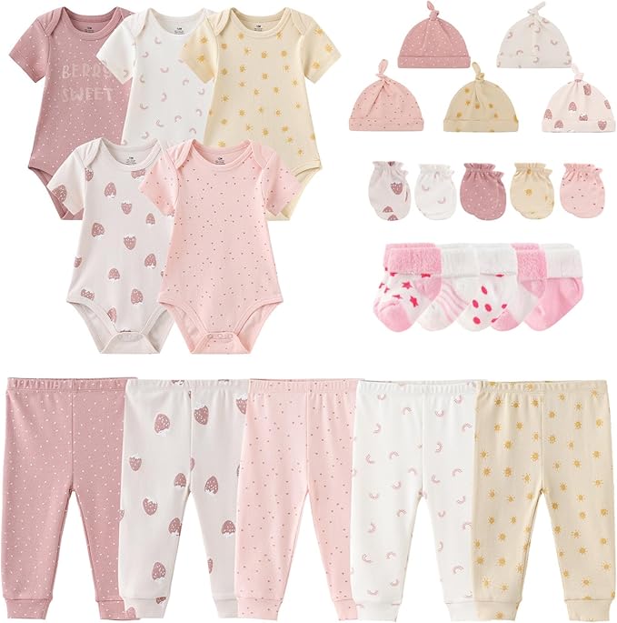 Newborn Layette Gift Set Bodysuits Pants for Baby Girl and Boy 24 Piece 100% Cotton Essentials and Accessories