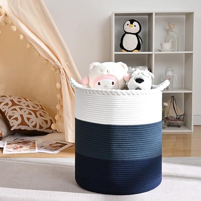 52L Storage Basket for Organizing, 15"×18" Large Tall Laundry Baskets, Cotton Rope Woven Blanket Basket, Toy Storage for Kids, Collapsible Laundry Hamper for Living Room, Nursery Room