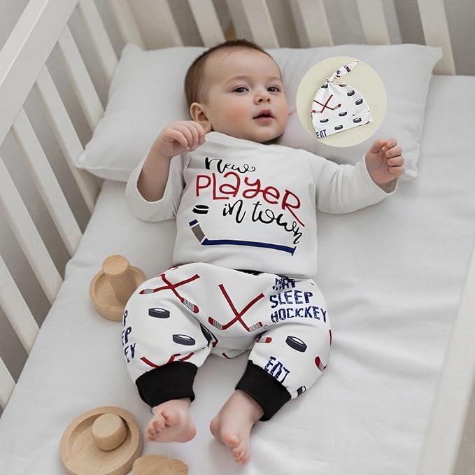 Baby Boy Hockey Outfit New Player in Town Long Sleeve Romper Long Pants Hat Set 3Pcs Newborn Fall Winter Clothes