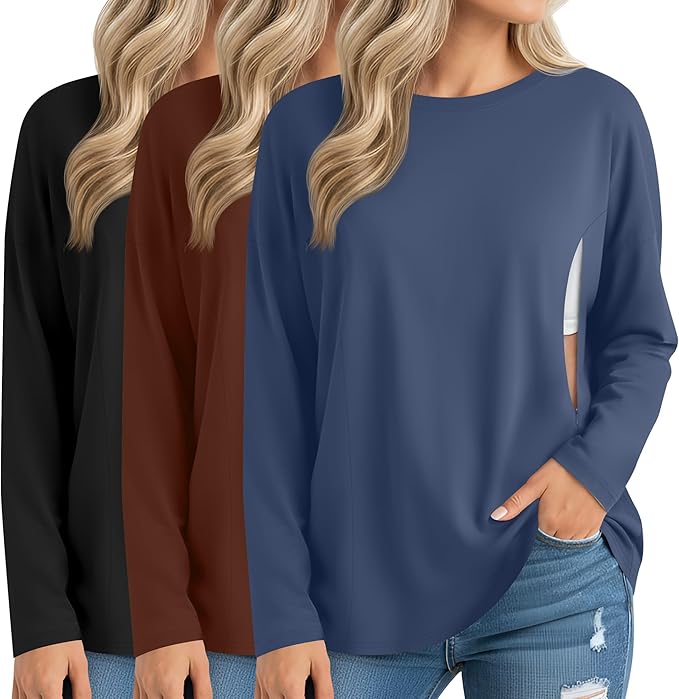 3 Pack Women's Nursing Breastfeeding Tops, Long Sleeve Maternity Shirts Oversize Hidden Zipper Pregnancy Clothes