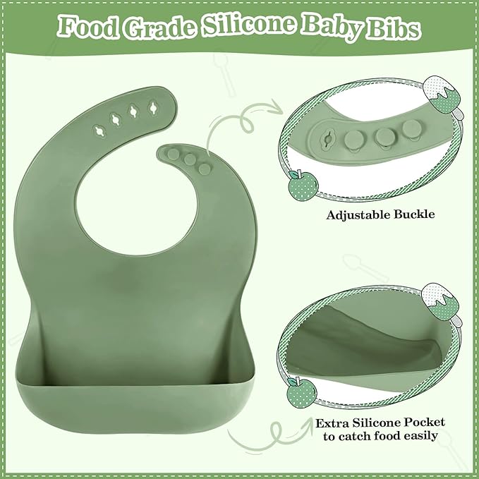 BXLL Olive Green 10 Pcs Baby Led Weaning Supplies - Silicone Baby Feeding Set with Suction Bowl, Divided Plate, Bibs, Fruit Feeder, Pacifier, Spoons, Forks, Sippy Cup & Snack Cup