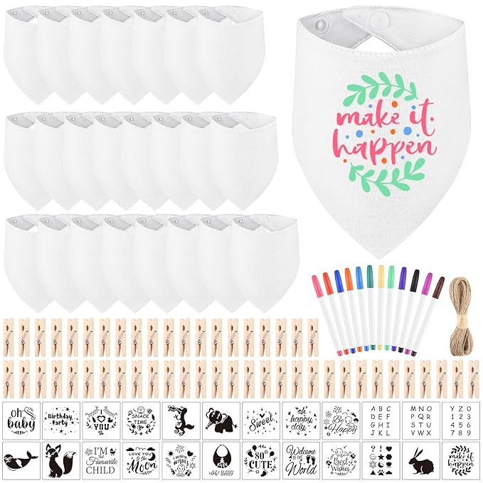 NACHLYNN 110 Pcs White Baby Bibs Baby Shower Games Set Including 24 Blank Baby Bibs 24 Stencils 49 Clothespins 12 Fabric Markers 1 Hemp Rope for Boys Girls Gender Reveal Party