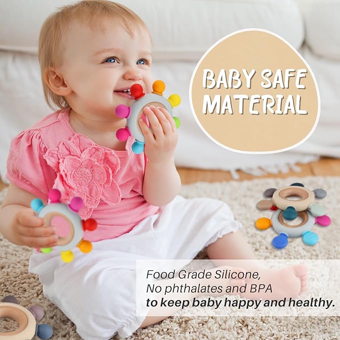 Baby Teething Toys, Silicone Chewable Teethers with Wooden Ring for Soothing Babies Gums, Rudder Chewers Shower Gift for lnfants & Toddlers, 3+ Months (6 Directions, Rainbow)