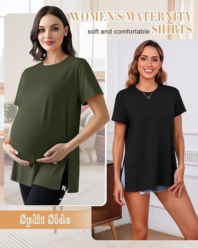 Ficerd 3 Pack Women's Maternity T Shirts, Short Sleeve Side Split Pregnancy Tops Casual Crew Neck Pregnant Tees Mama Clothes