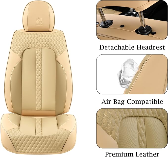 Doogo Front Seat Covers, Leather Car Seat Covers 2-Pack, Waterproof Universal Car Seat Cushions Protectors, Auto Driver Seat Covers Fit for Most Cars Trucks SUV-Beige