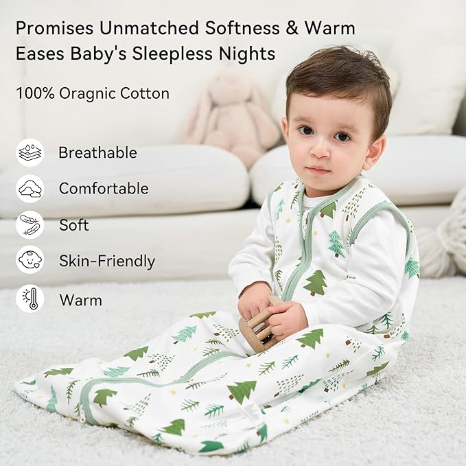 Baby Sleep Sack 18-24 Months 1.0 Tog Baby Wearable Blanket 100% Cotton Sleeping Sack with 2-Way Zipper for Toddler Infant Green Tree