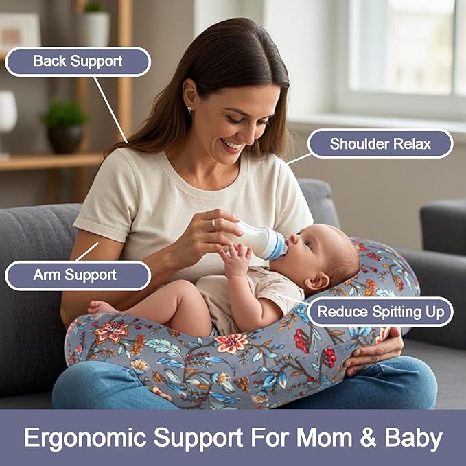 Nursing Pillow, Breastfeeding Pillows with Standard Size Removable Cover, Breast Feeding Pillow with Breathable Filling, Ergonomic Nursing Essentials for Bottle and Breastfeeding- Peony