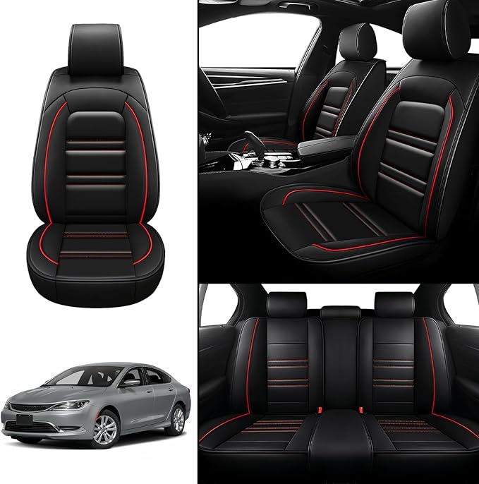 Seat Covers for Chrysler Car 200 2011-2017 | 5-Seats Leather Seat Covers, Easy to Install Automotive Seat Covers Full Set (Full Set, Black&Red Line)