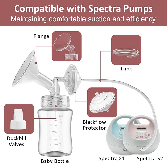 Pump Parts Compatible with Spectra S1/S2/9 Plus Breastpump, 4 Set Replacement Parts for Spectra Include 21mm Flange,Duckbill Valve,Backflow Protector,Tube,Bottle, Not Original Spectra S2 Accessories