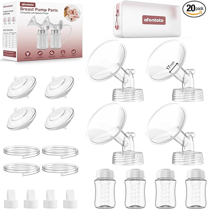 Pump Parts Compatible with Spectra S1/S2/9 Plus Breastpump, 4 Set Replacement Parts for Spectra Include 17mm Flange,Duckbill Valve,Backflow Protector,Tube,Bottle, Not Original Accessories