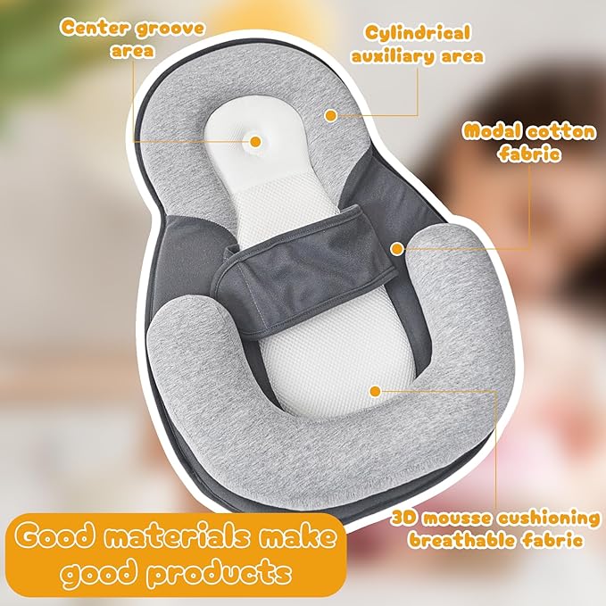 Baby Lounger Pillow with Safety Straps Ergonomic Support Cushion Reflux Breastfeeding Pillow, Adjustable, Removable Cover, Feeding Support