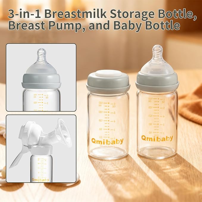 Glass Breastmilk Storage Bottles 180ml 6oz BPA-Free Leak-Proof Natural Baby Bottle for Breastmilk Storage Wide Neck Bottles with Screw Ring Sealing Disk Breastfeeding (Grey, 180ml-2Packs)