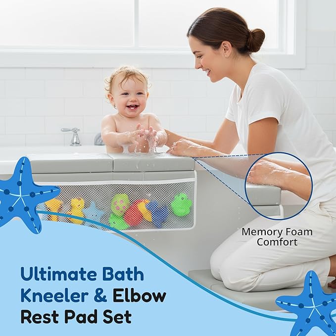 Vault & Co Bath Kneeler and Elbow Rest Pad Set – Extra Thick 1.5” Cushioned Baby Bath Kneeling Pad, Non-Slip Mat with Quick Dry Cover Storage Pockets, Waterproof Support & 5 Fun Bath Toys