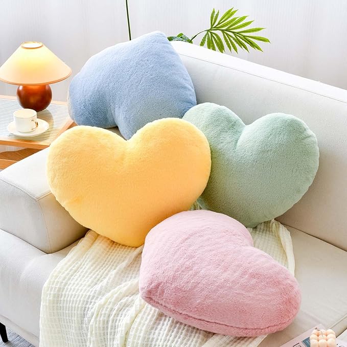 Dusty Blue Heart Pillows, Cute Heart Decorative Pillow, Heart Shaped Throw Pillows for Bed, Faux Rabbit Fur Plush Hoom Decor Pillow Cushion for Chair Sofa Living Room (Large-19.6"x15.7")