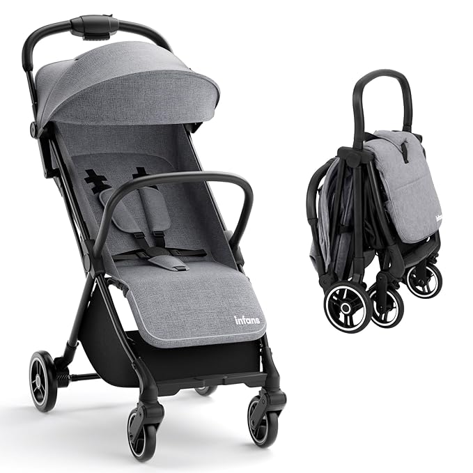 INFANS Ultra-Compact Fold Airplane Ready Travel Stroller, One-Hand Gravity Fold Near Flat Recline Seat, Foldable Toddler Stroller for Infant 0-36 Month