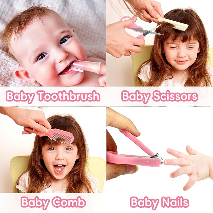 Baby Grooming Kit, Infant Safety Care Set with Hair Brush Comb Nail Clipper Nasal Aspirator,Baby Essentials Kit for Newborn Girls Boys (Pink)